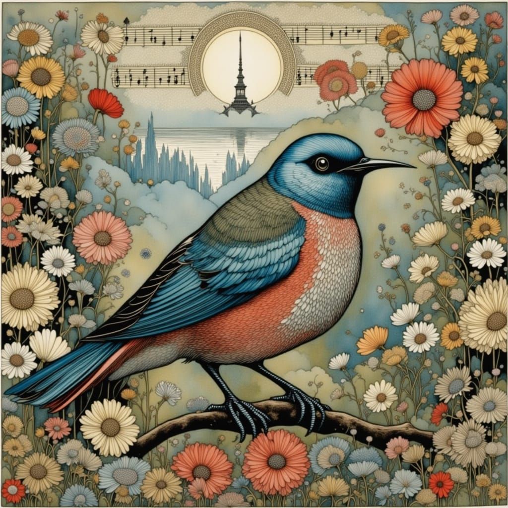 Whimsical Bird in Enchanted Landscape