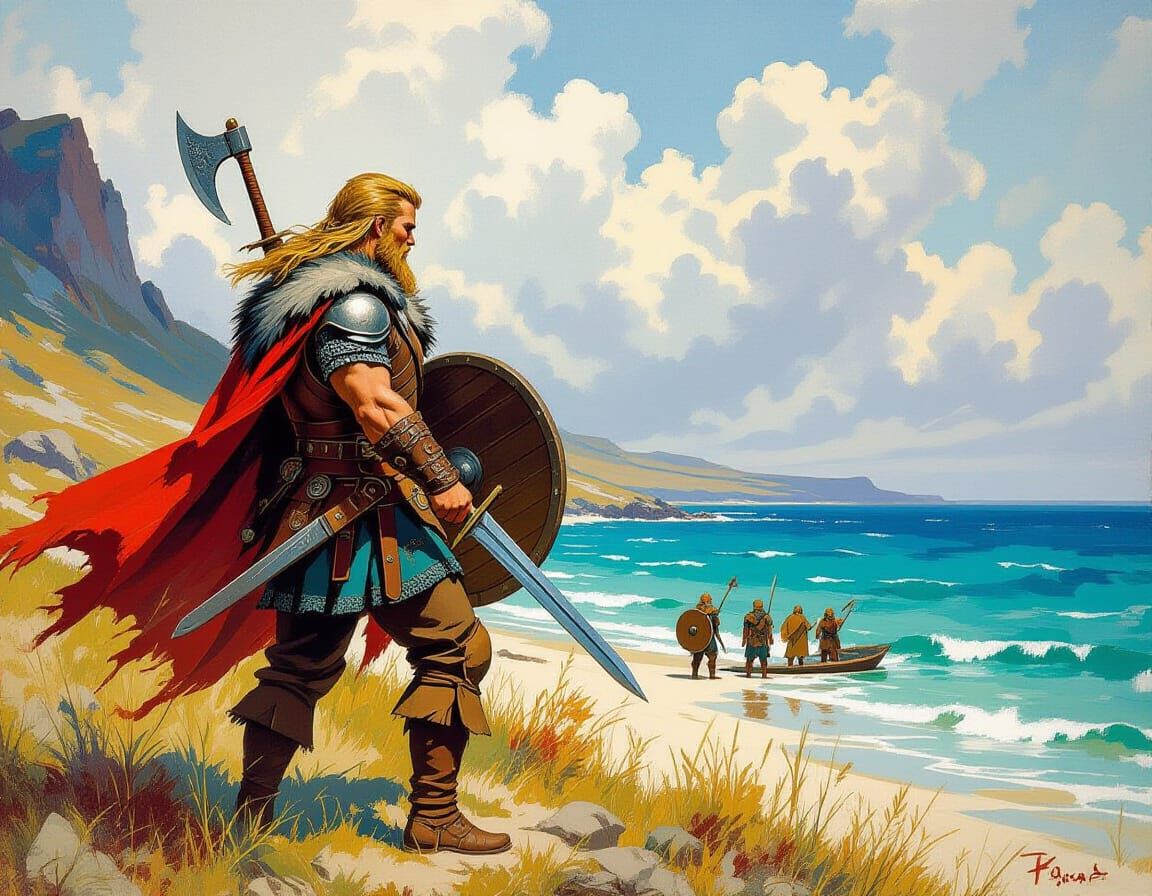 Viking Warrior Rides Down Hills with Sword and Axe