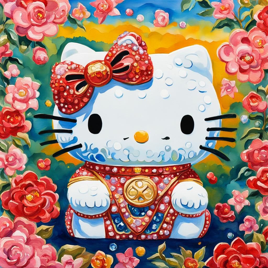 Rhinestone Hello Kitty Maneki Neko in Gouache Style