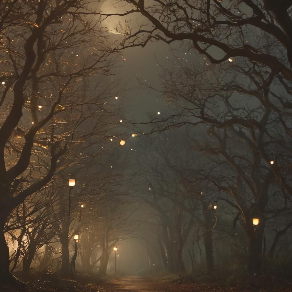 Mystical Forest Path Under Moonlight: Cinematic Still