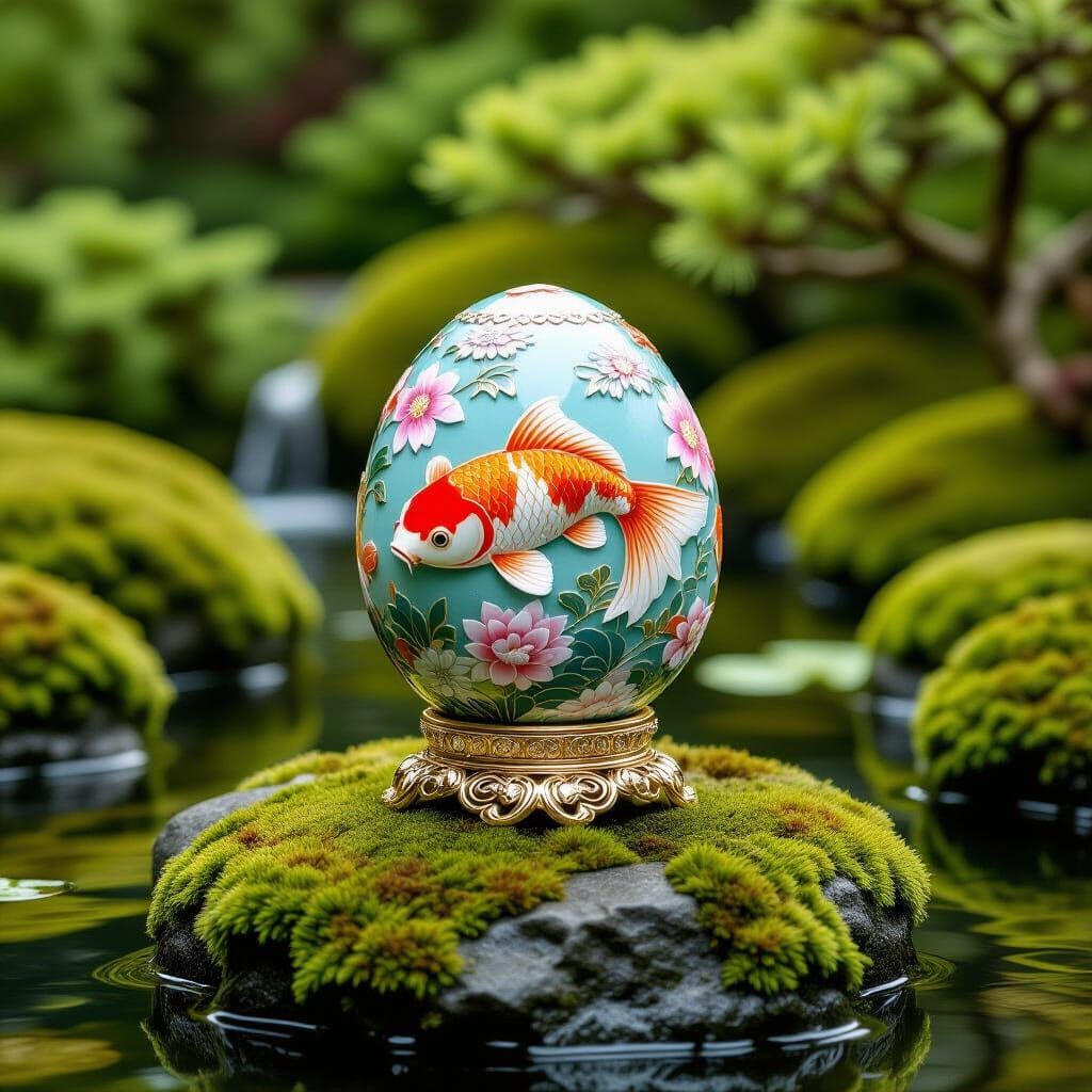 Koi Fabergé Egg in Japanese Garden, Art Nouveau Style