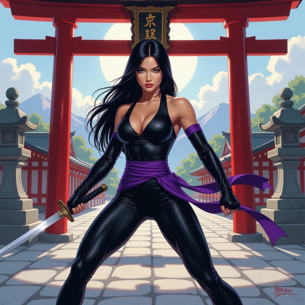 Psylocke in Chiaroscuro Oil Painting Before Shrine