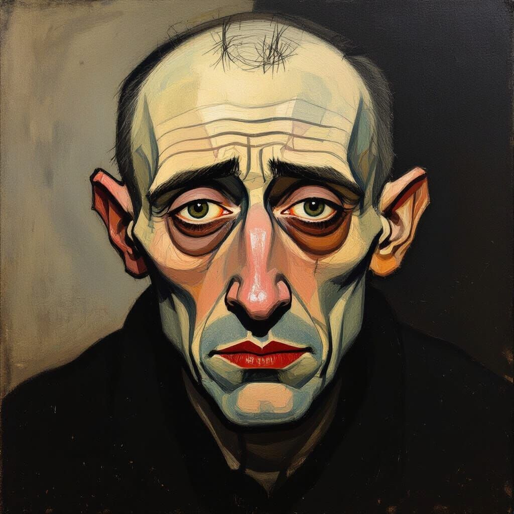 Gaunt Man's Desperate Gaze in Somber Photorealism