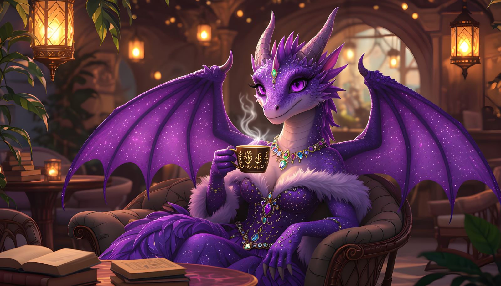 Purple Dragon Lounging in Magical Cafe