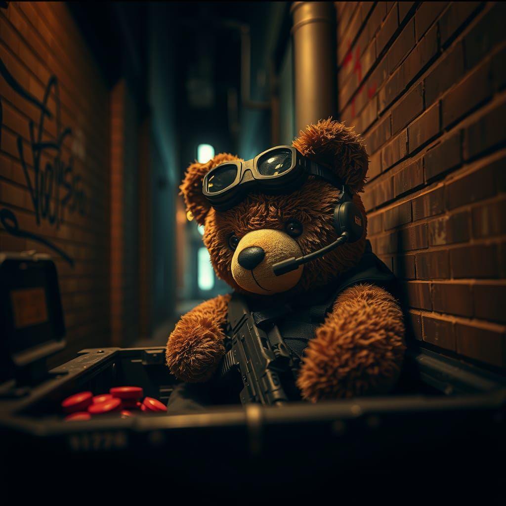 Tactical Teddy Bear in Dark Alley, Cinematic Style