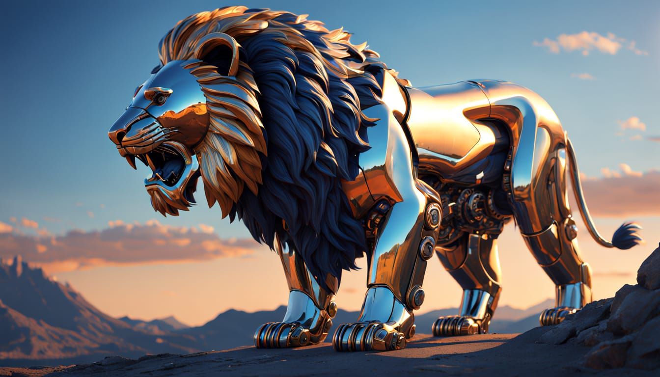 Mechanical Lion Roaring in Futuristic Landscape