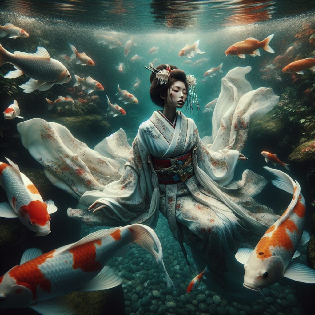 Beautiful Geisha wearing a white kimono is floating underneath the water of a koi pond.