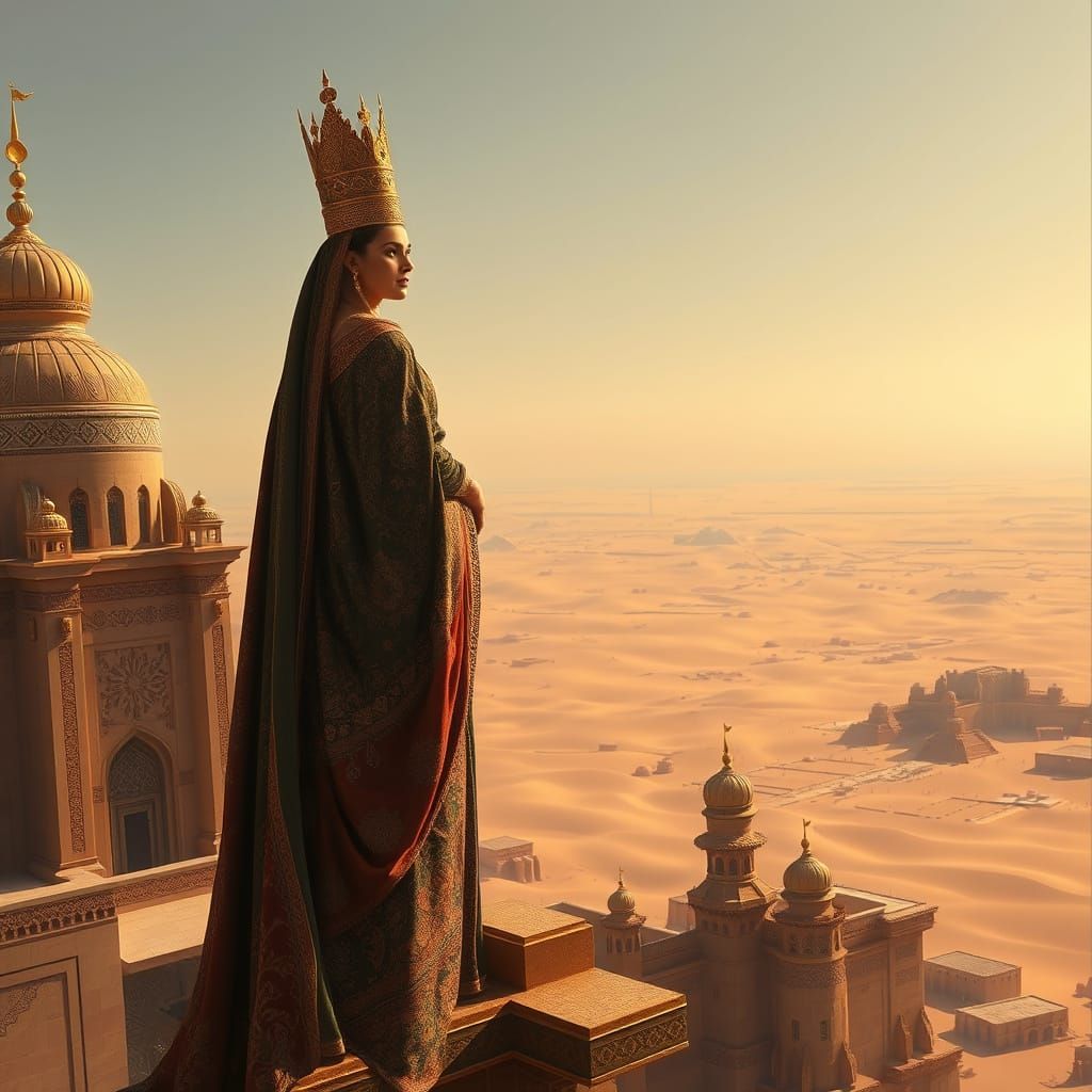 Regal Arab Queen Surveys Golden Desert Kingdom in Mahmoud Fa...