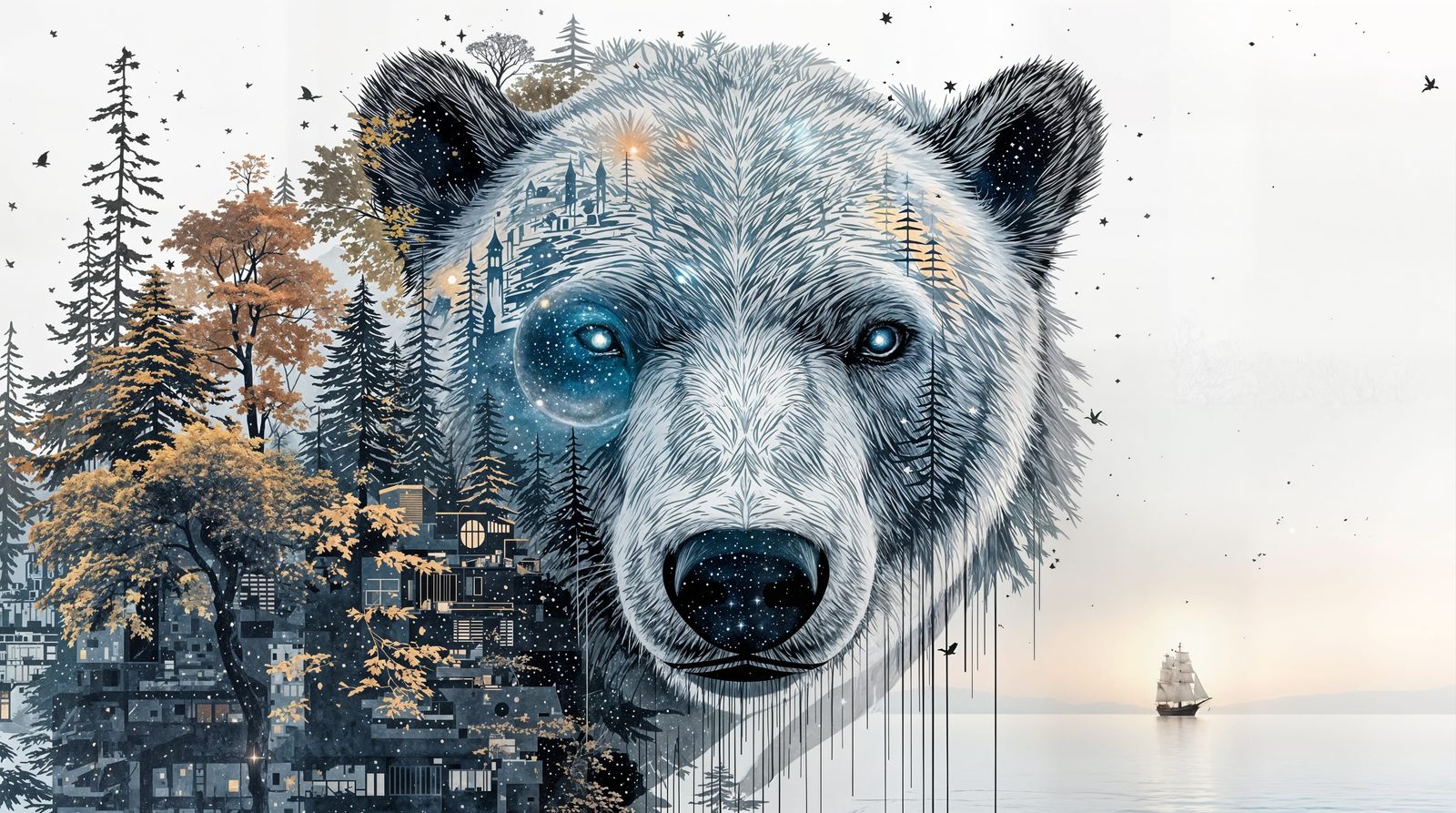 Galactic Landscape with Majestic Polar Bear