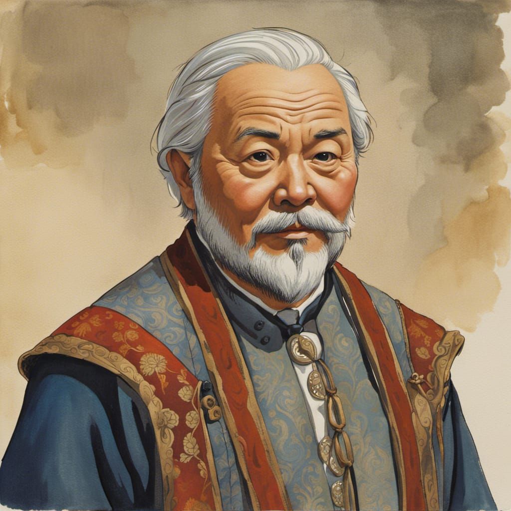 Chubby Old Man in Silk Montsuki, Ghibli Watercolor