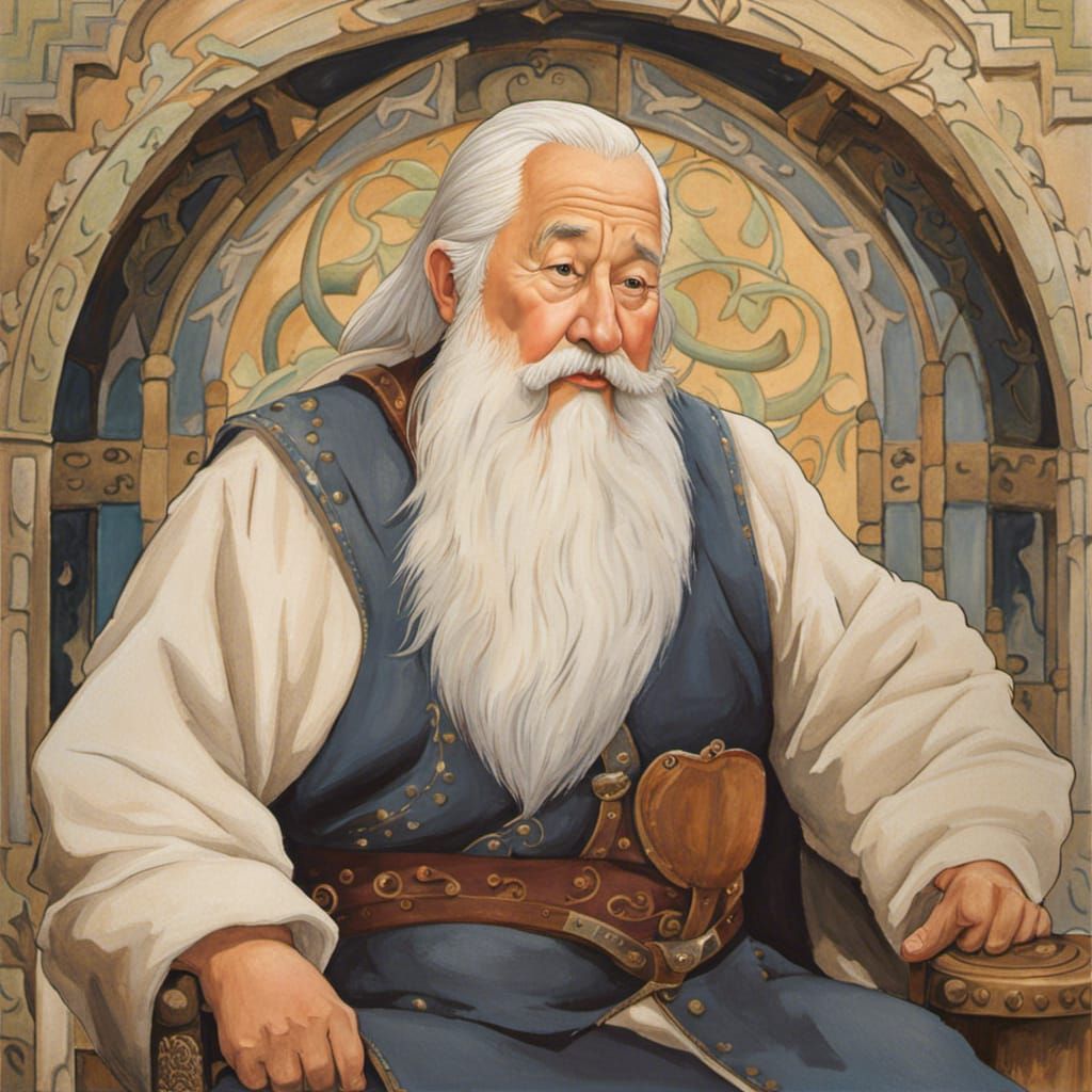 Chubby Old Man in Silk Robe: Ghibli Watercolor