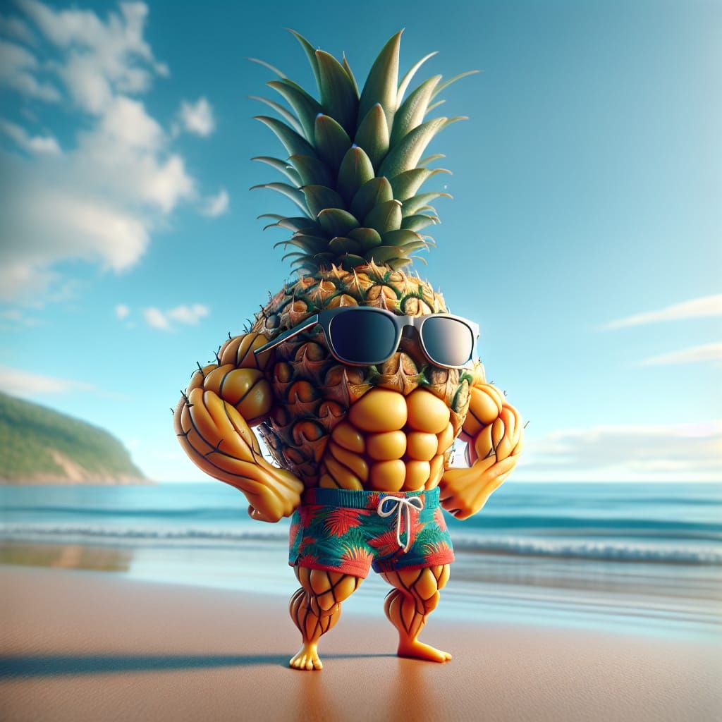 Cartoon Pineapple Character on a Tropical Beach