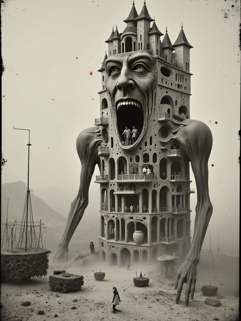 Giant Cracked Mechanical Man in Desolate Cityscape