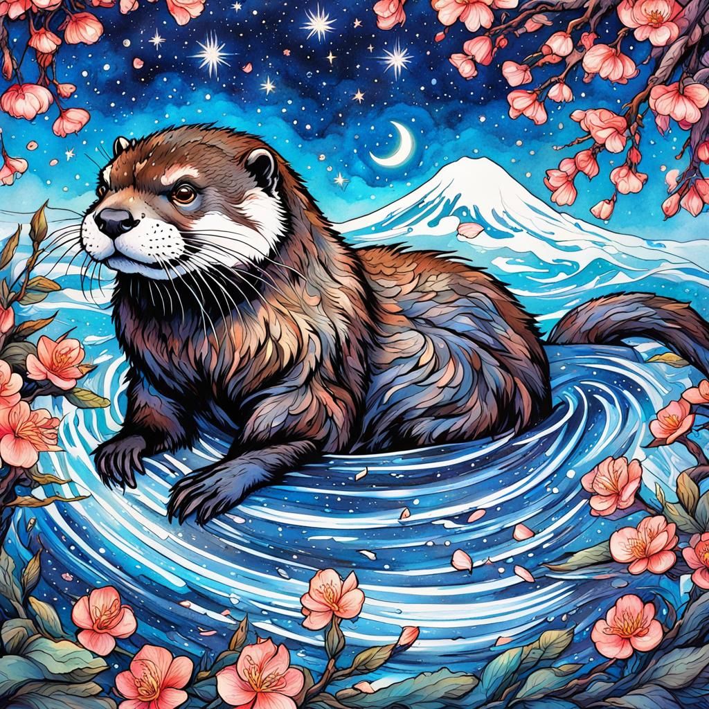 Majestic Otter with Cherry Blossoms in Gothic Style
