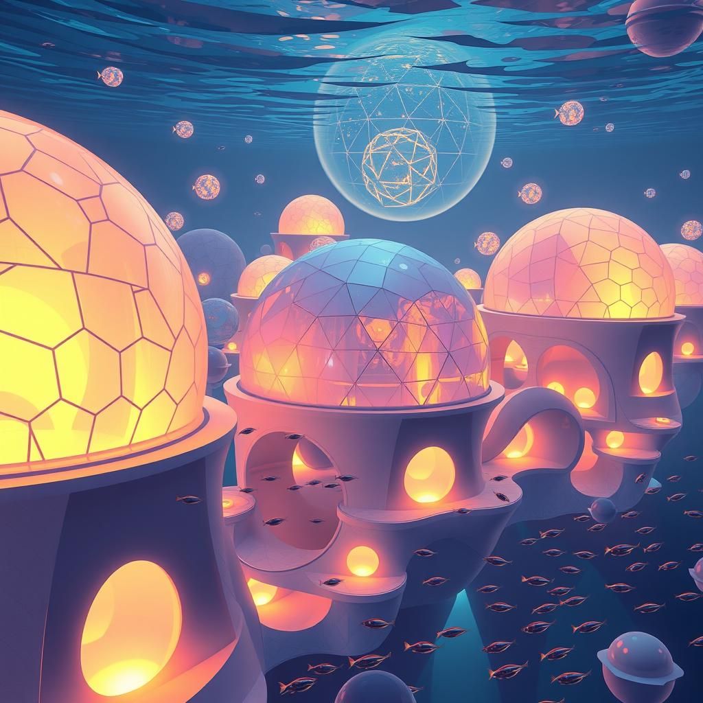 Underwater Geodesic City with Bioluminescent Fish