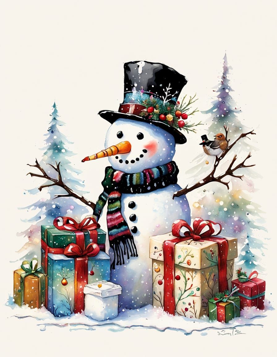 Elegant Snowman with Gift in Snowy Wonderland