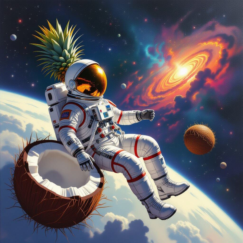 Pineapple Astronaut Drifting Near Coconut Planet