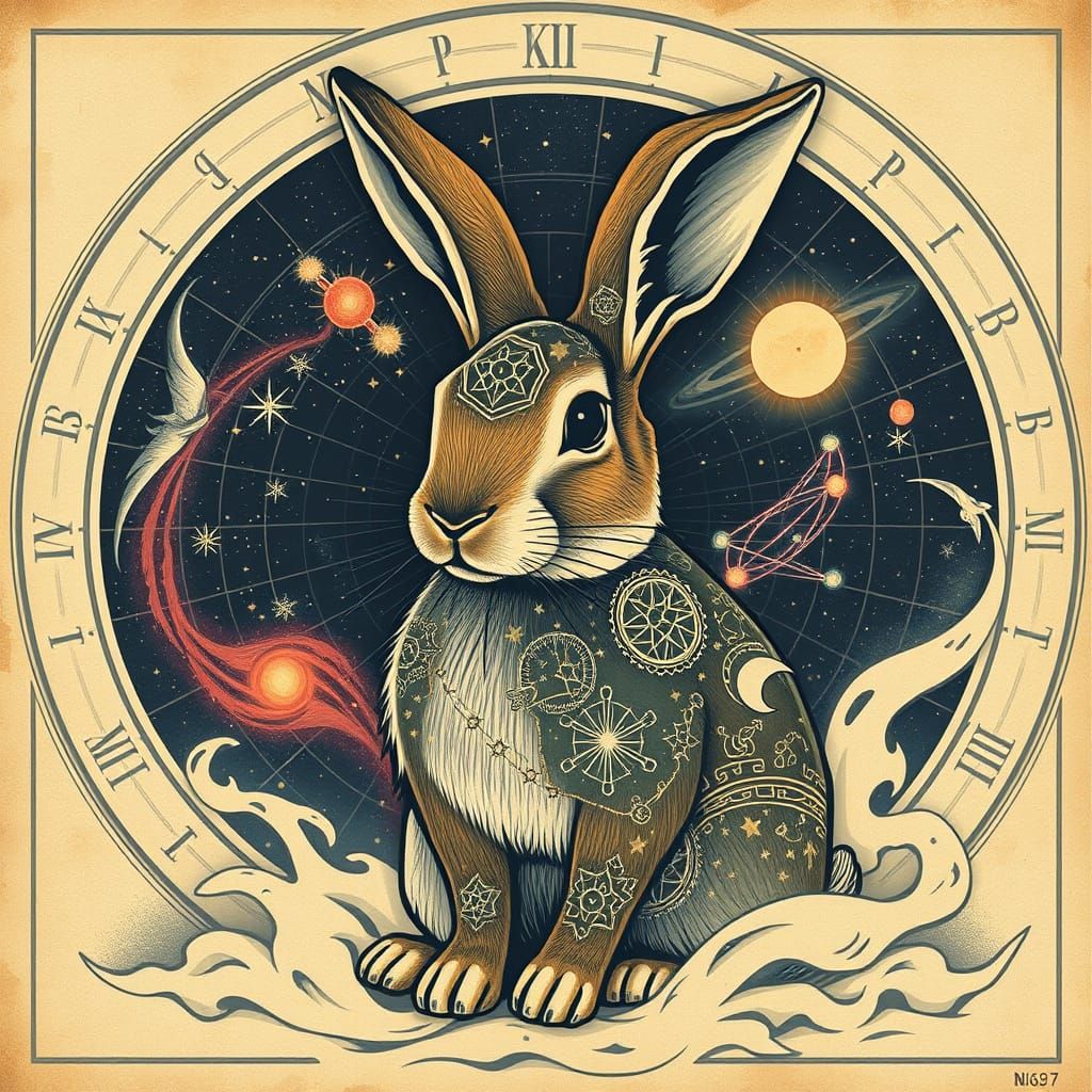 Regal Rabbit Adorned With Celestial Patterns In Vintage Post...