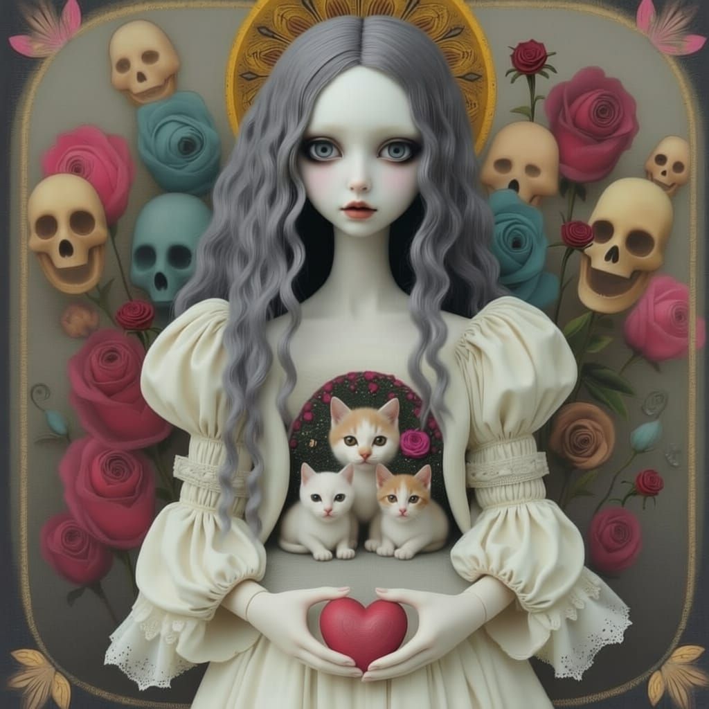 Baroque Japanese Doll Reveals Cat Triptych