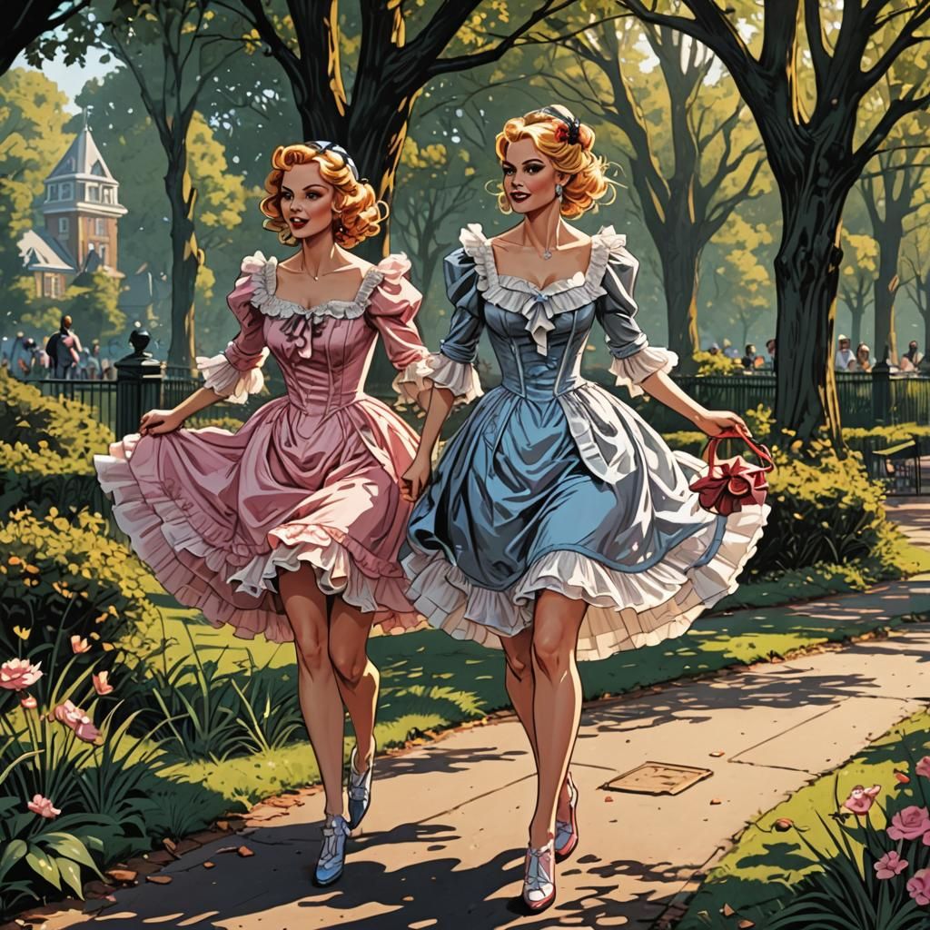 Figures Skipping in Park: Comic Book Art Style