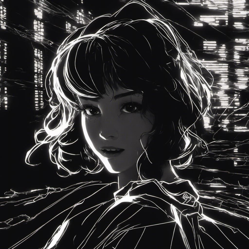 Anime-Style Black and White Portrait with Neon Lights