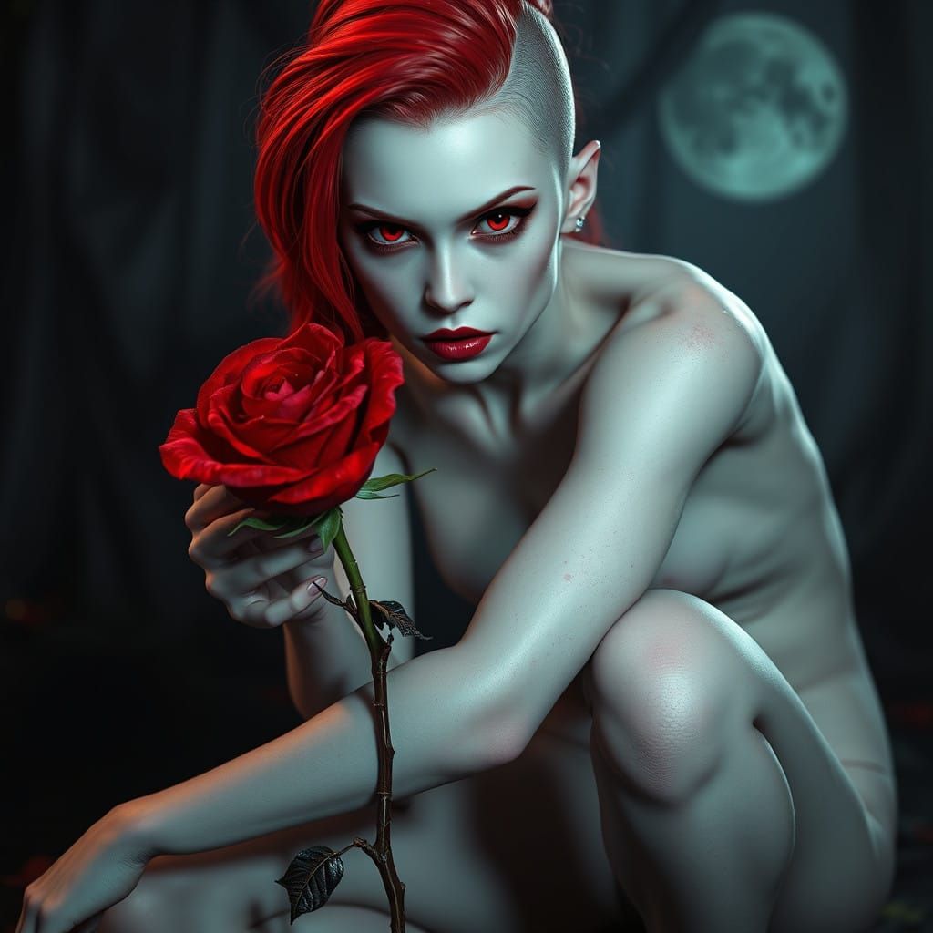 Albino Vampire Femme Fatale with Fiery Hair and Giant Rose