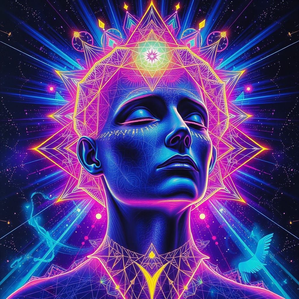 Glowing Cosmic Portrait in Hyperealistic Etching Style