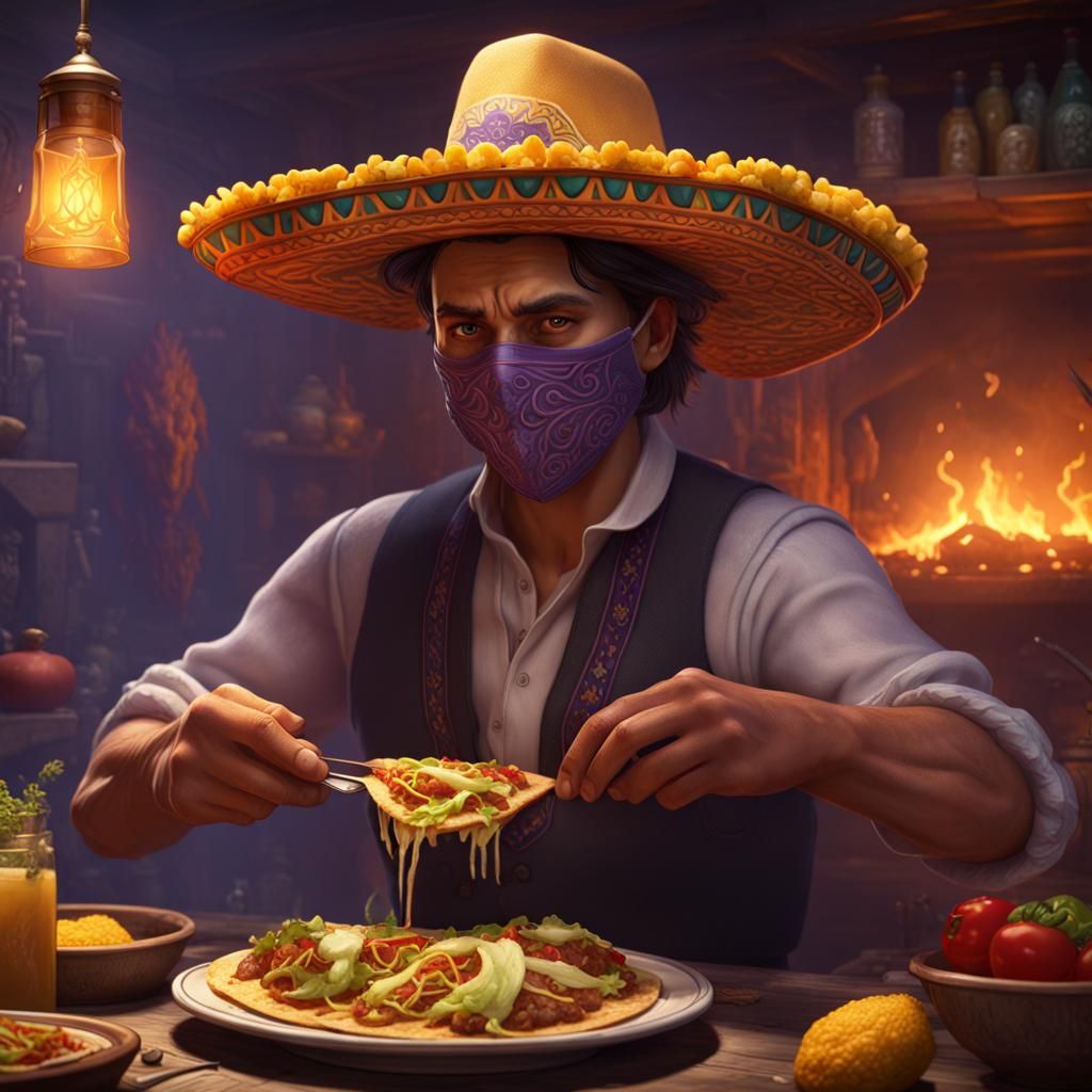 Masked Mexican Taco Shooter in Dark Fantasy Style