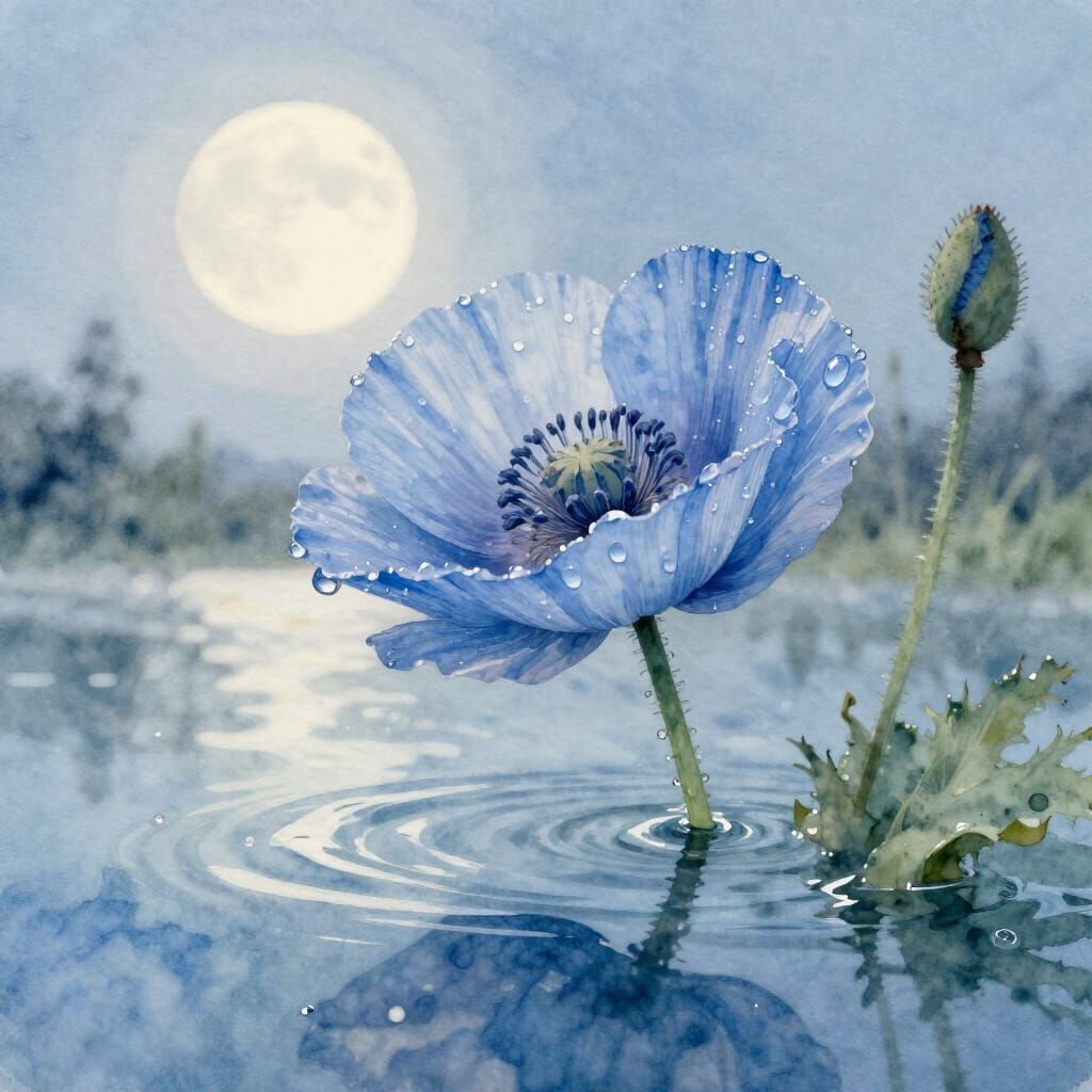 Ethereal Watercolor Poppy in Moonlight
