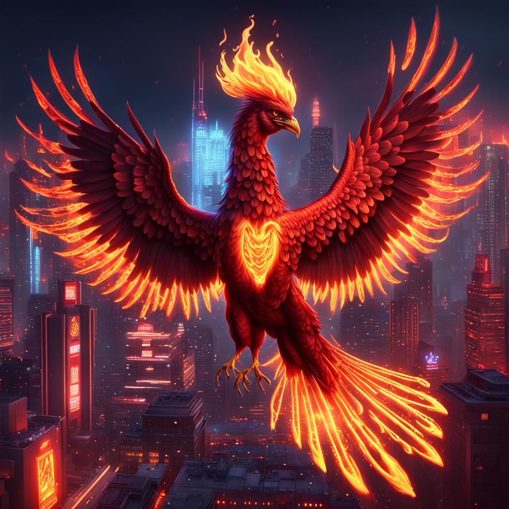Fiery Phoenix Over Cyberpunk Metropolis in 3D
