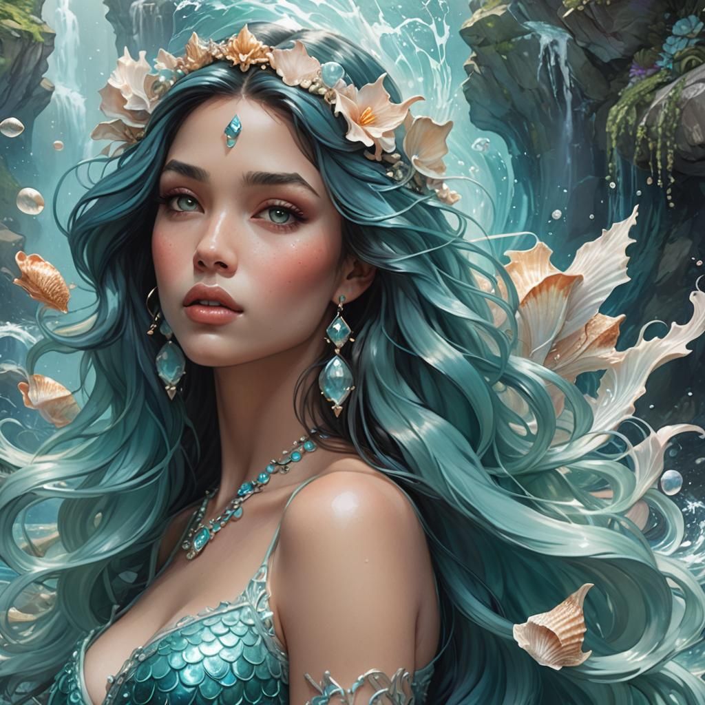 Mermaid Siren Blowing a Kiss in Art Nouveau Style