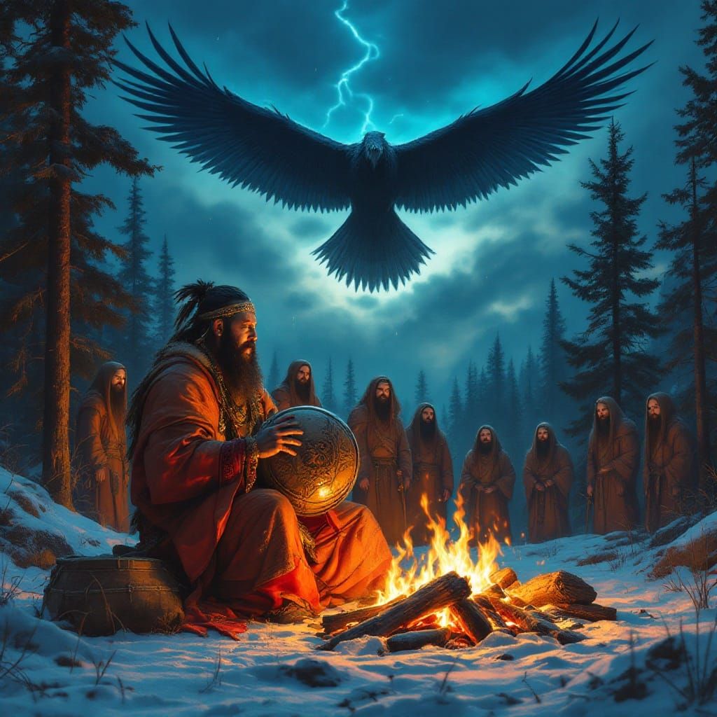 Siberian Shamans and Thunderbird Soaring Above