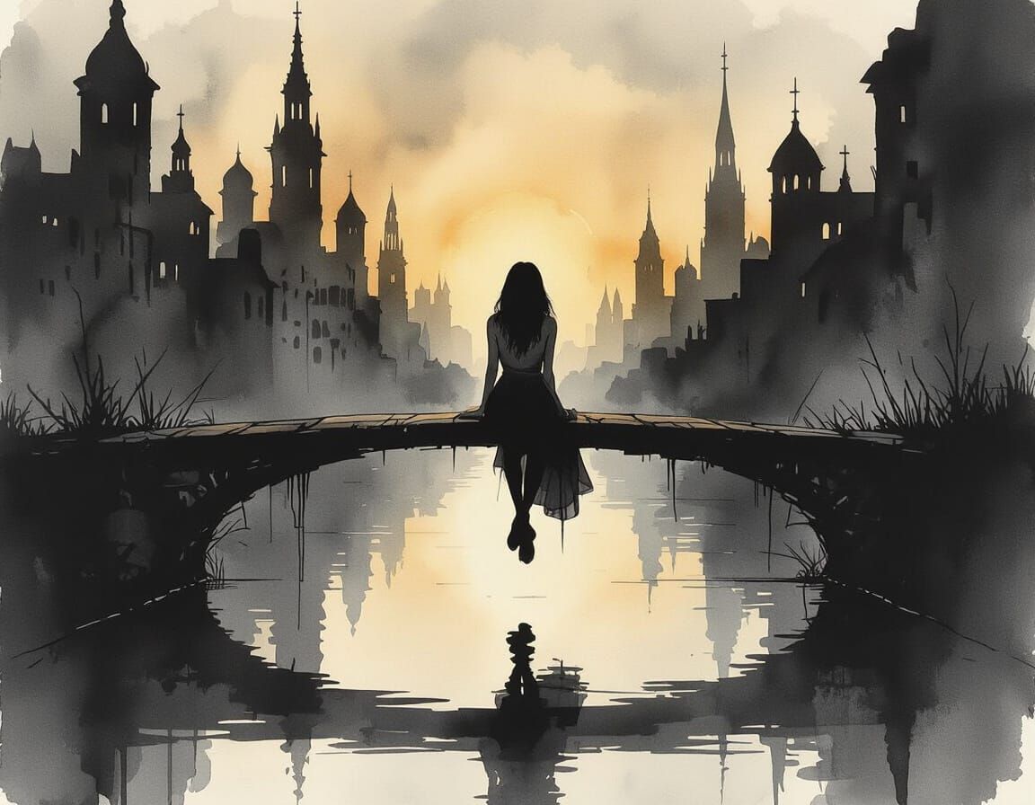 Monochrome Watercolor of Woman on Bridge Above Ruined City