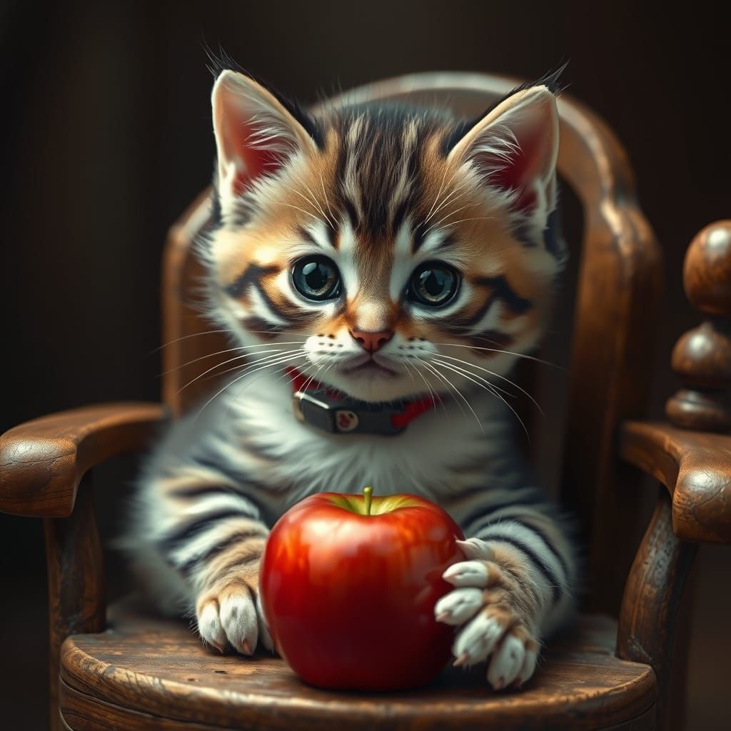 Whimsical Realist Portrait of a Baby Cat with a Red Apple