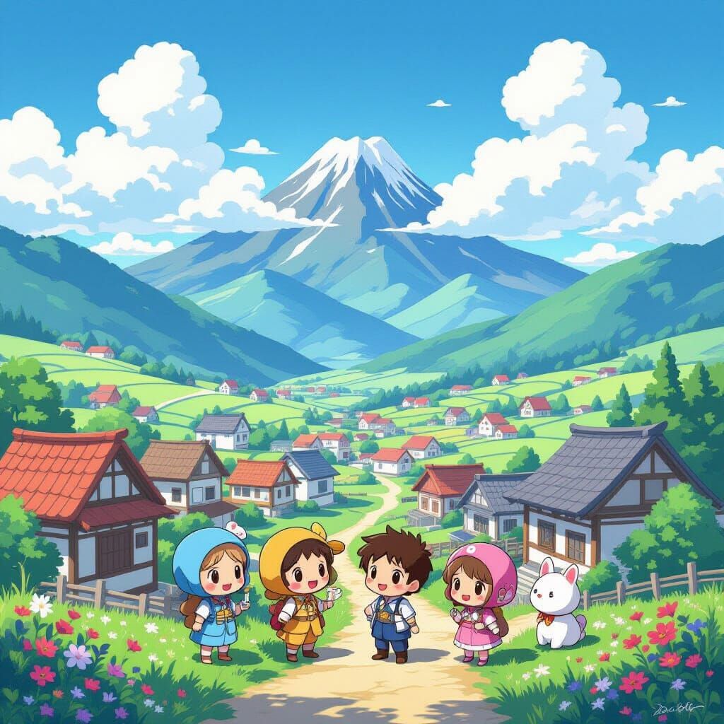 Chibi Village Scene in Ghibli Style