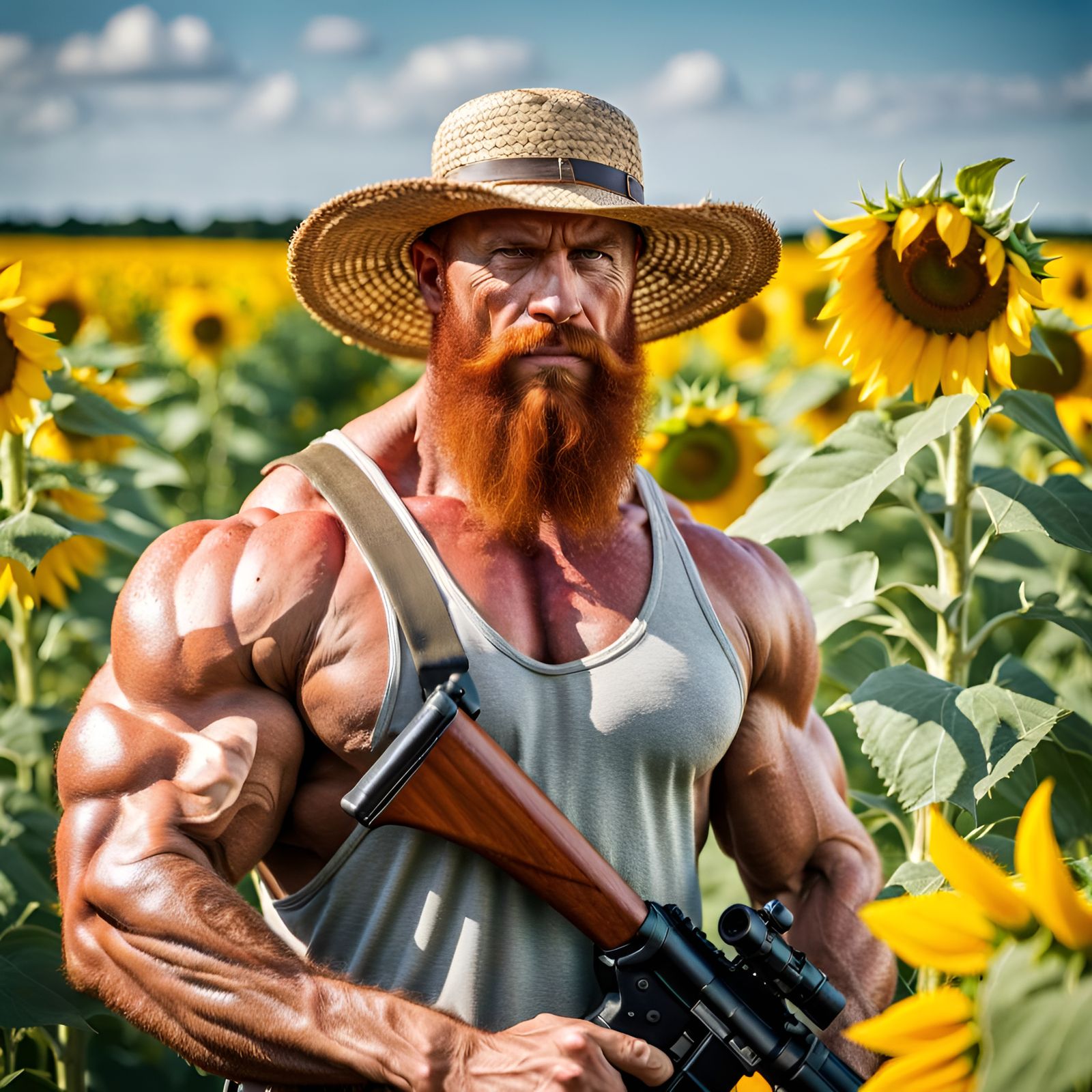 Muscular Bearded Man in Sunflowers Holding Rifle