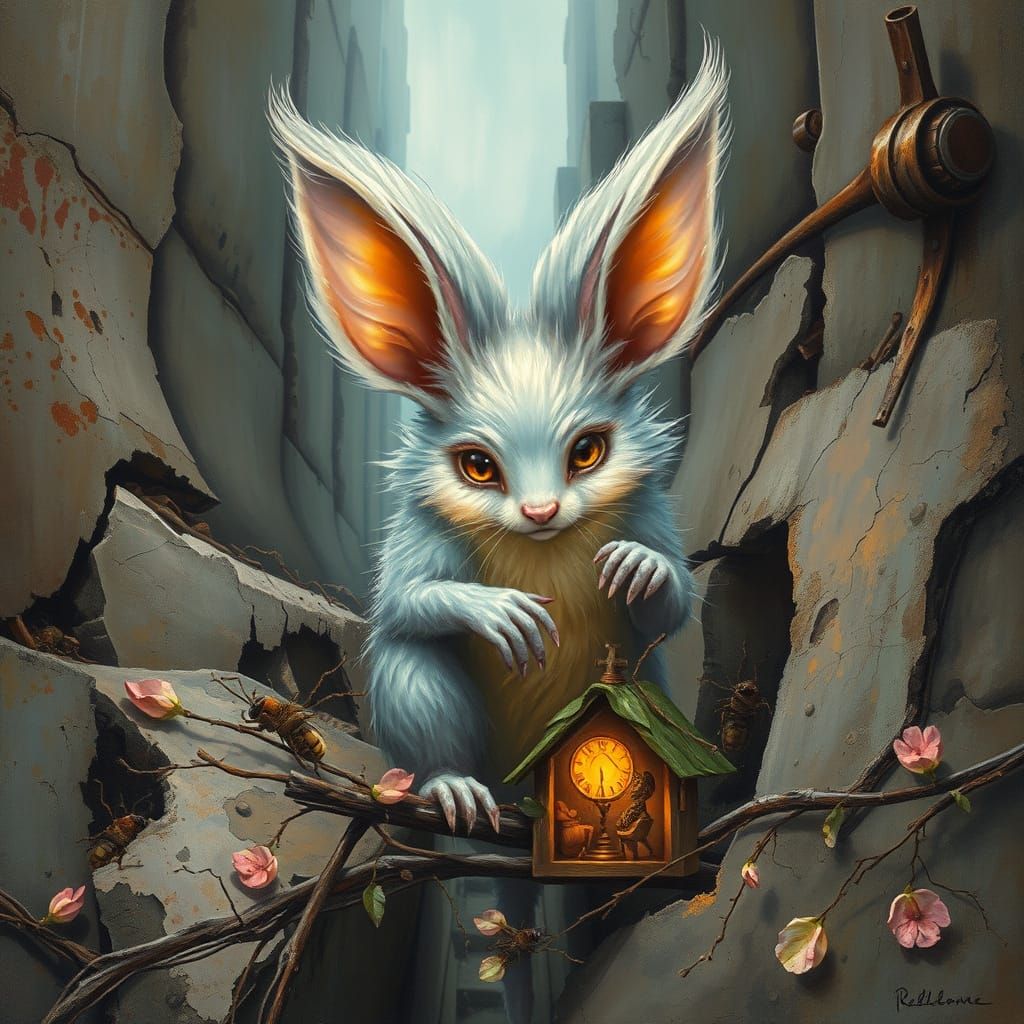 Whimsical Gouache Painting of a Kind Creature Building Insec...