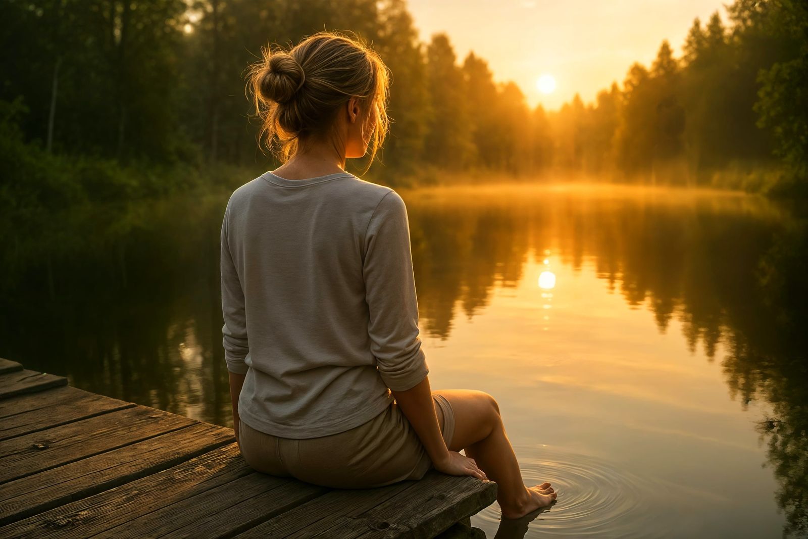Contemplative Woman at Misty Lake Sunrise