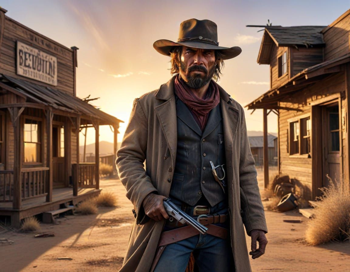 Gritty Western Outlaw in Dusty Desert Town