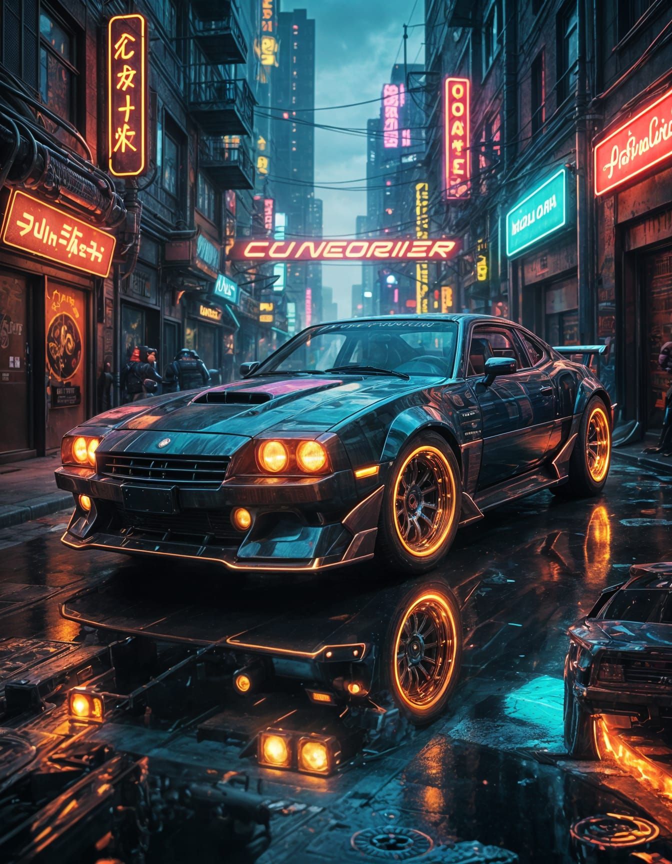 Cyberpunk Car with Flaming Turbo in Neon City