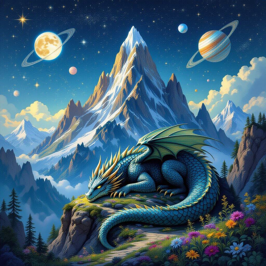 Ancient Dragon Sleeps on Starry Mountain Peak
