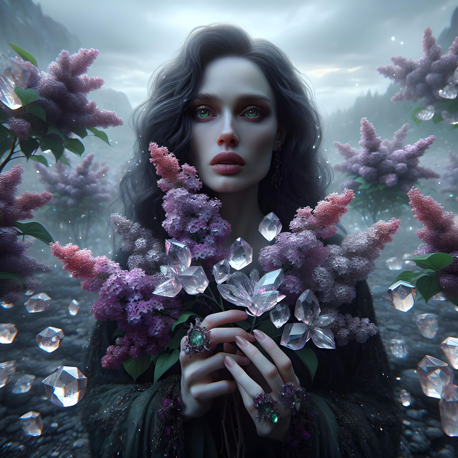 Crystal Lilacs with Vampire Woman in Digital Painting