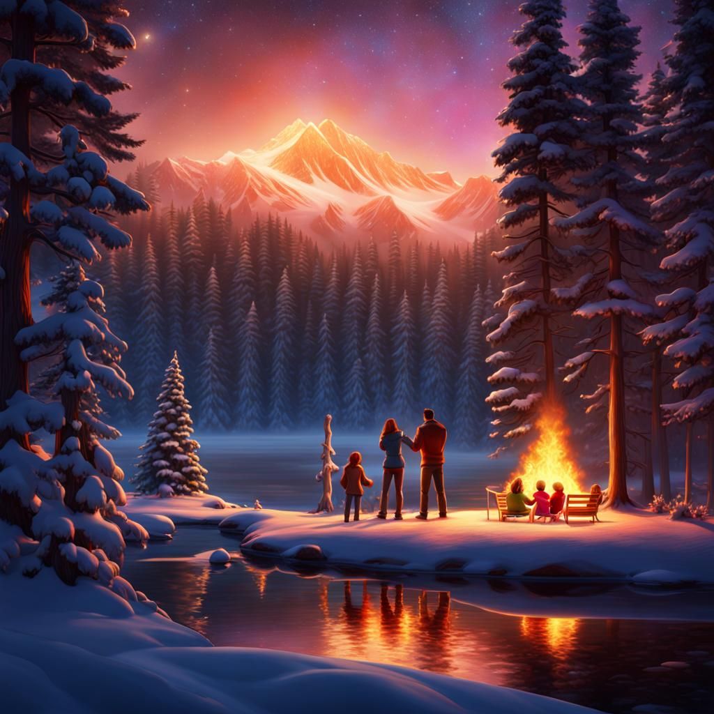 Family in Snowy Forest, 3D Digital Art