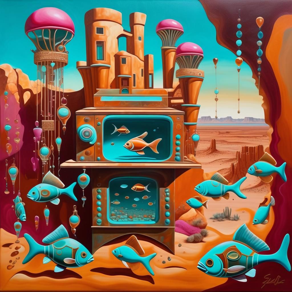 Surreal Desert Architecture with Fish Machines