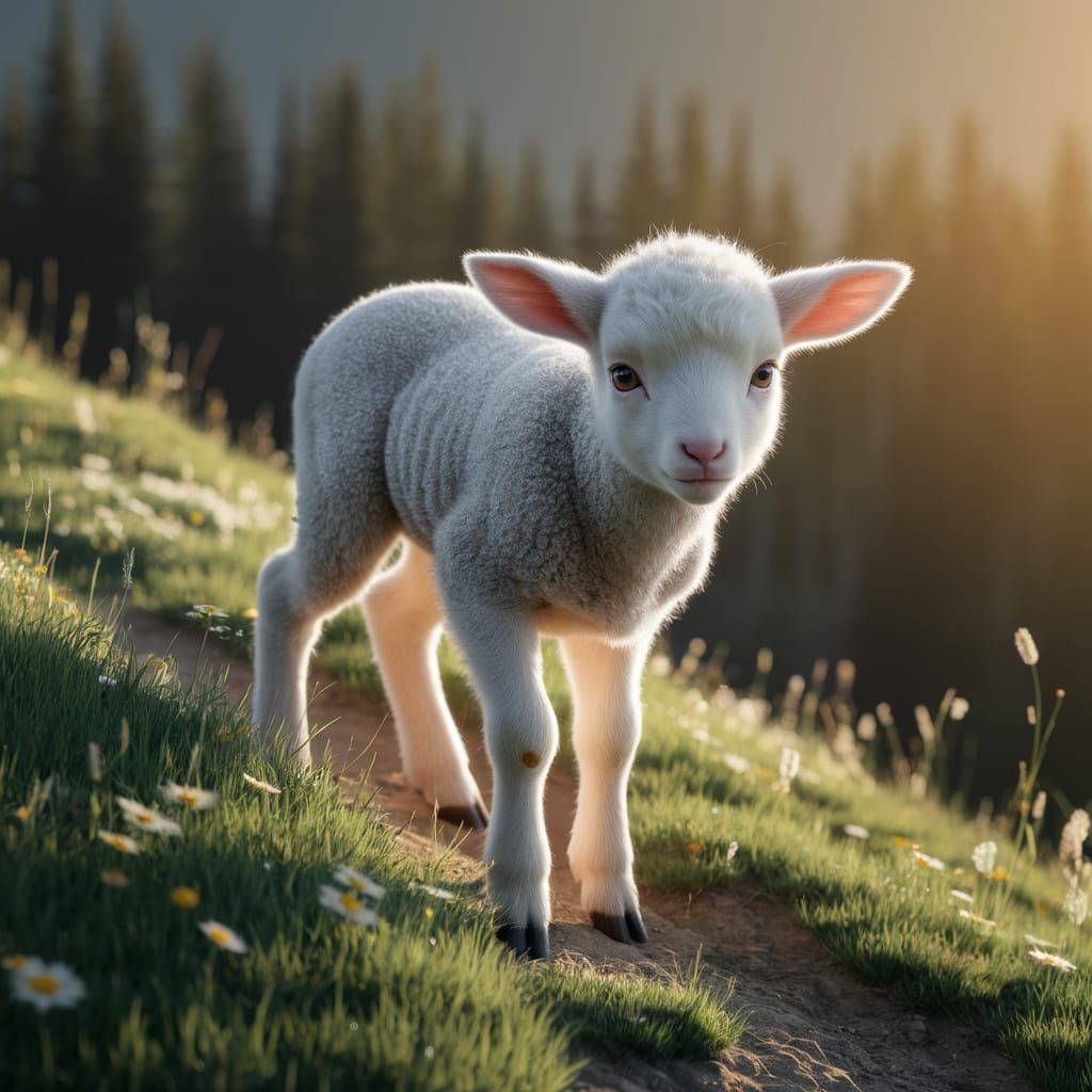 A Nervous Lamb on a Sunlit Hillside
