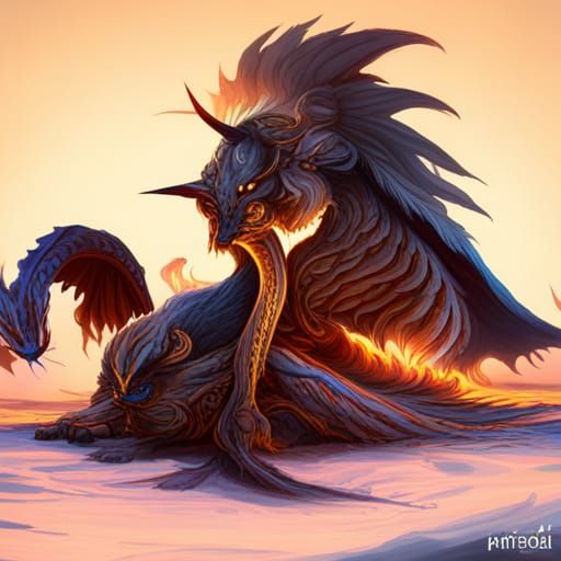 Werewolf Snake Hybrid with Fire Wings Concept Art
