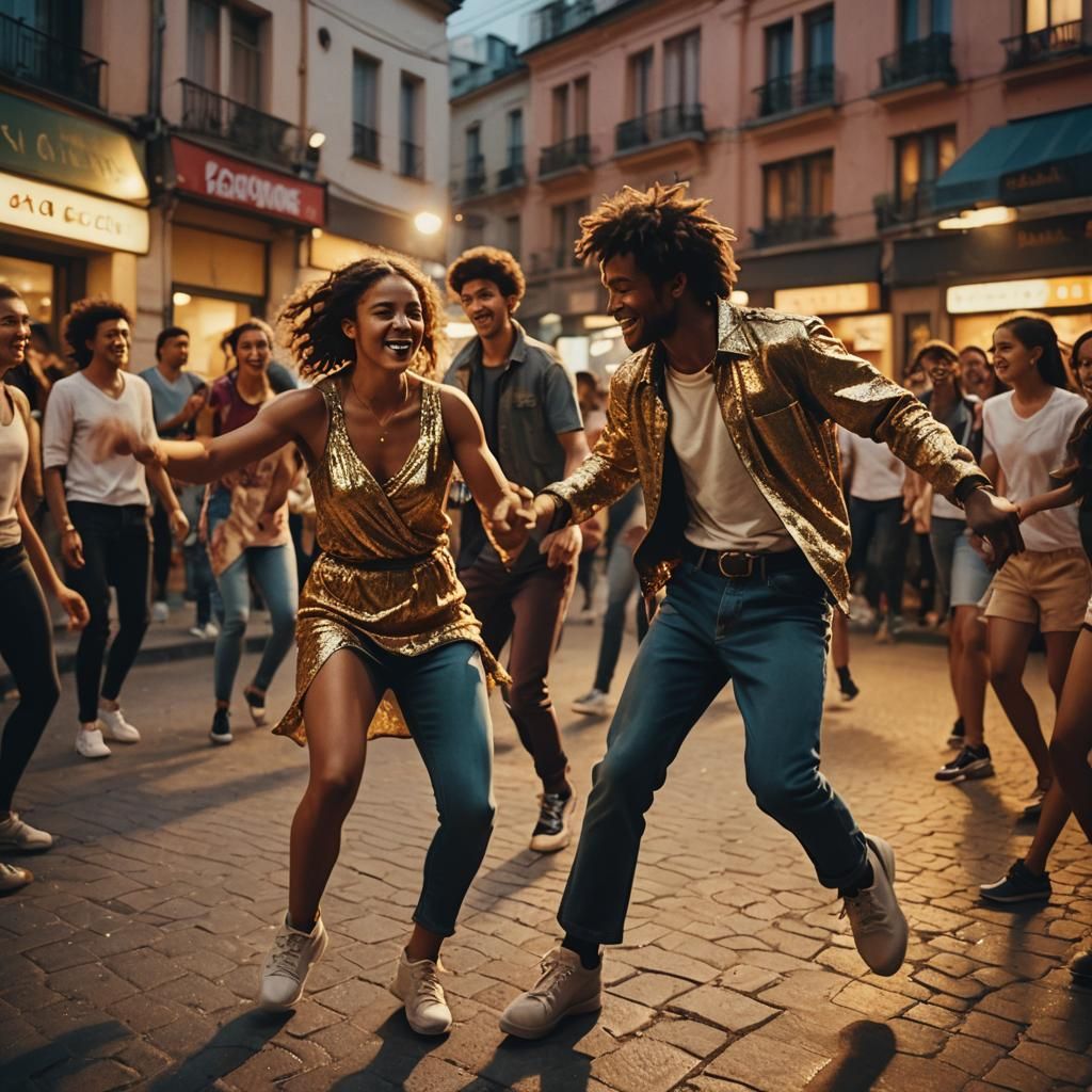 Dancing Crowd Celebrates in Golden Hour Glow