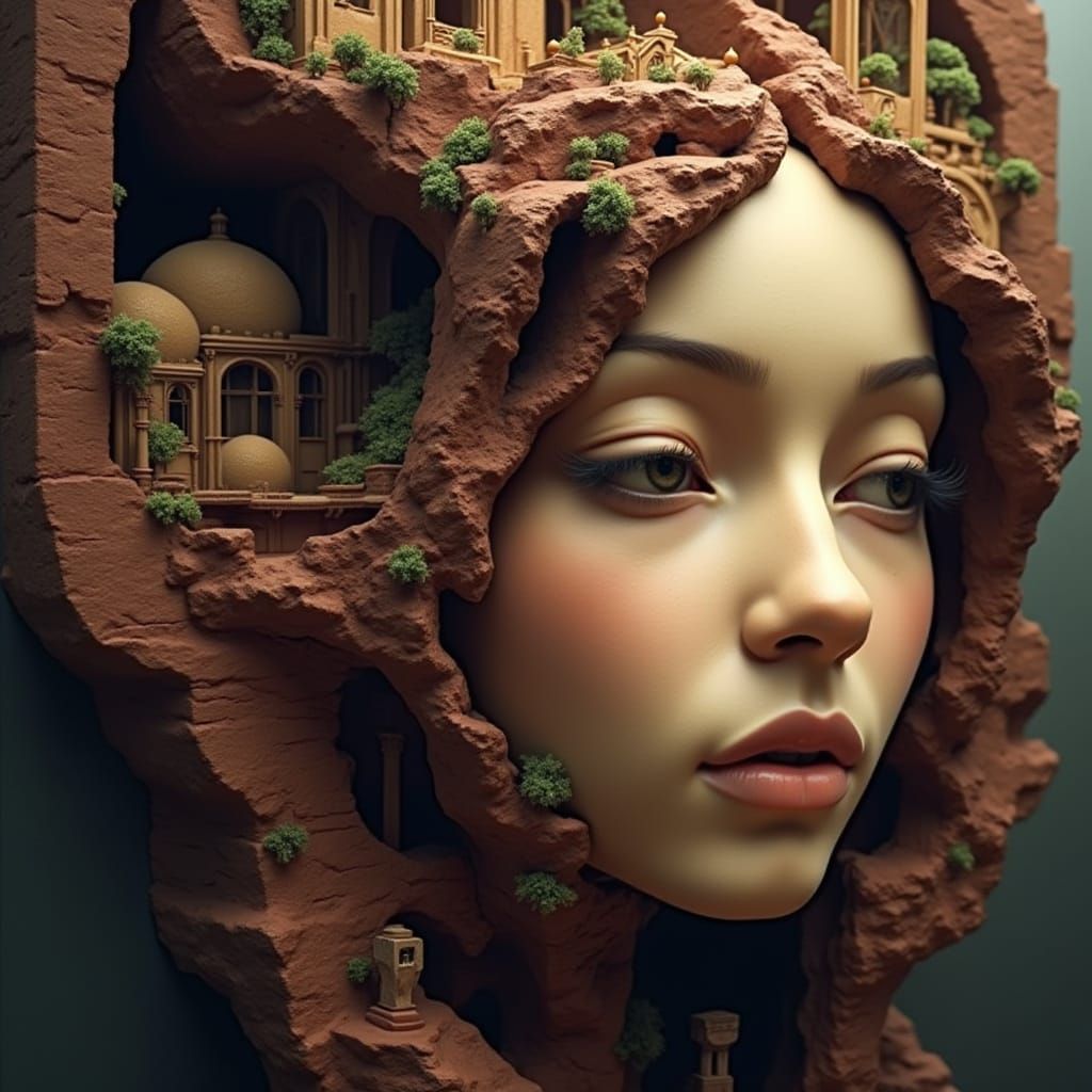 Surreal Stone Cityscape Emerges from Human Face