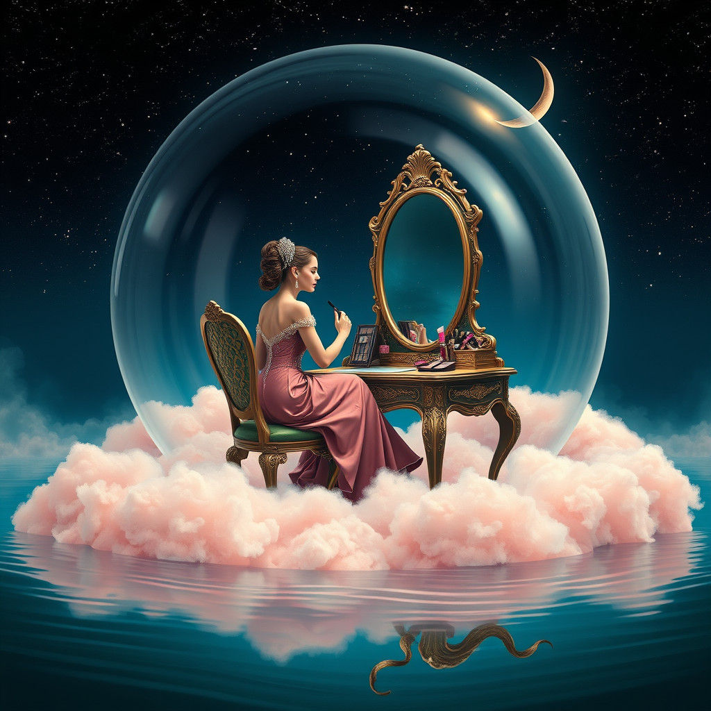 Dreamlike Woman at Vanity on Pink Cloud