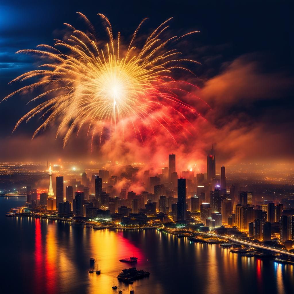 Night City Skyline Ablaze with Fireworks